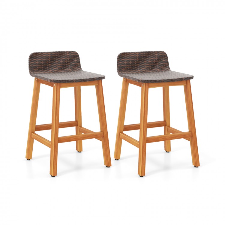 Set of 2 brown acacia wood bar stools with backrests and footrests, perfect for porch or backyard use.