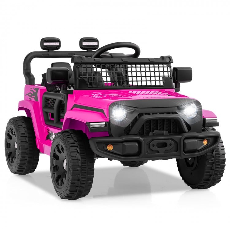 Bright pink 12V kids ride-on truck with LED headlights, remote control, and safety features for fun outdoor adventures.