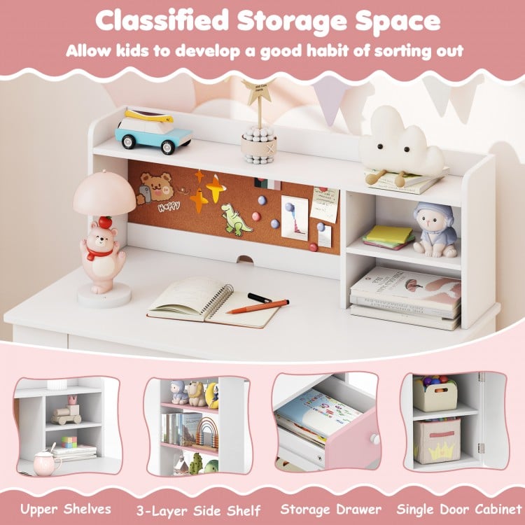 Kids desk and chair set in pink with hutch, 3-layer side shelf, and storage options for organized play and study.