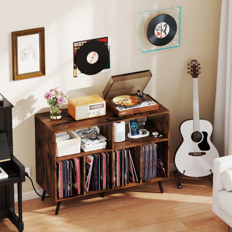 Rustic brown record player stand with open shelves, charging station, and vinyl storage, perfect for stylish.