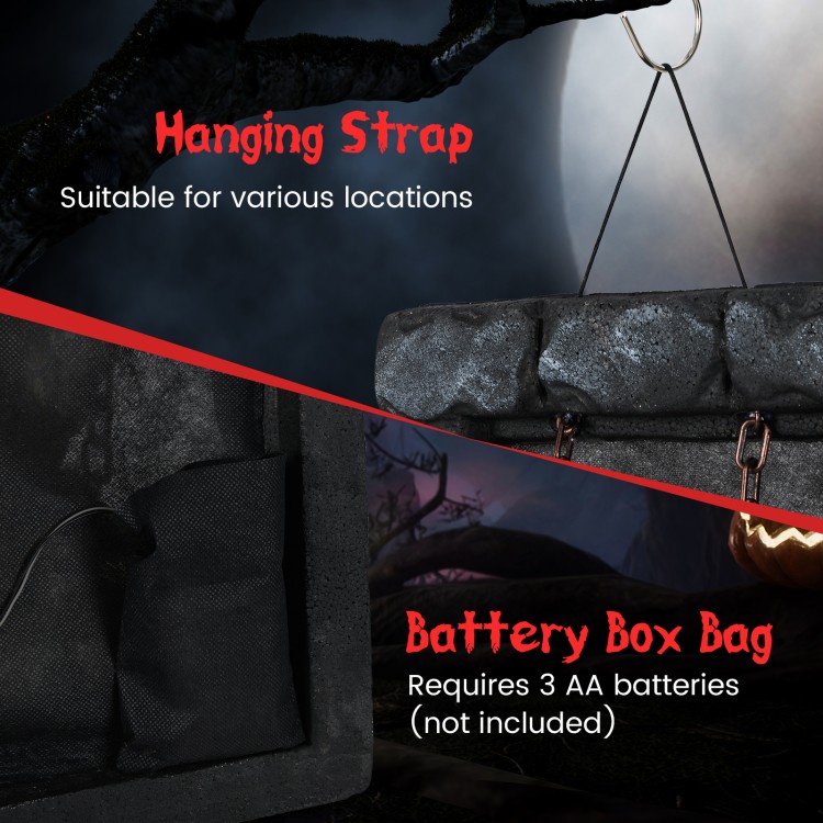 Close-up of the Halloween Hanging Animated Zombie Prisoner Decoration showing the battery box bag and hanging strap.