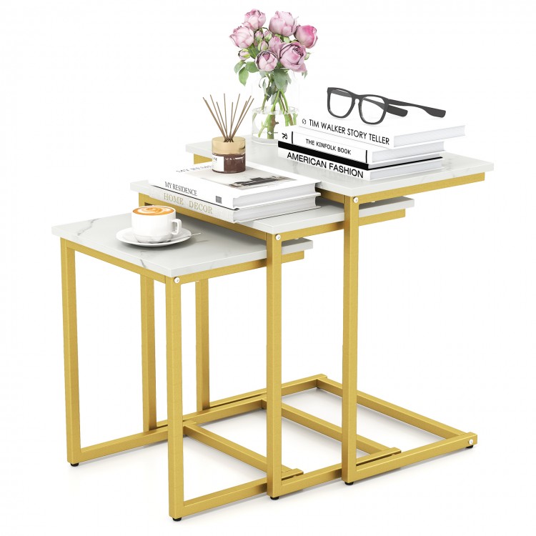 Stackable 3-piece coffee end table set in white with gold steel frame, ideal for living room or office use.