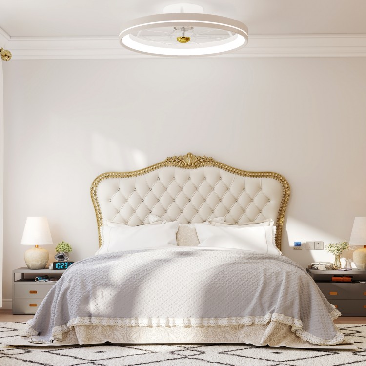 Low-profile 19-inch ceiling fan with adjustable color temperature and remote control, ideal for rooms up to 215 sq.ft.