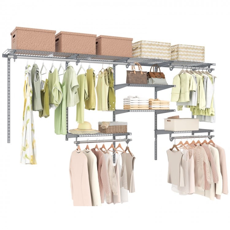 Closet organizer system in grey with 7 shelves and 5 hanging rods, ideal for laundry and bedroom storage solutions.