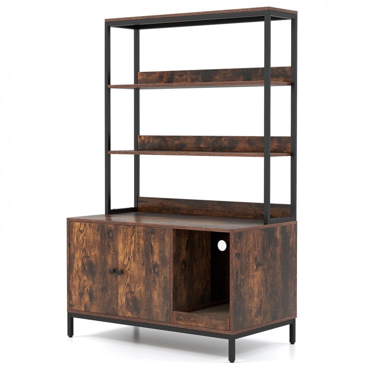Cat litter box enclosure with storage, featuring a removable scratcher and 2-tier shelves for versatile organization.