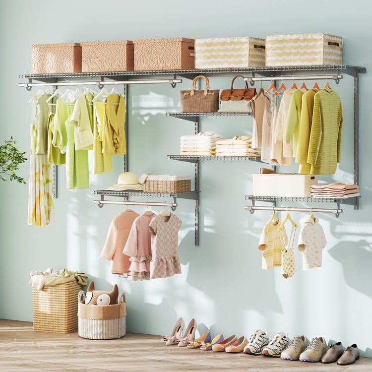 Wall-mounted closet organizer with 7 shelves and 5 hanging rods, ideal for laundry or bedroom storage in grey.