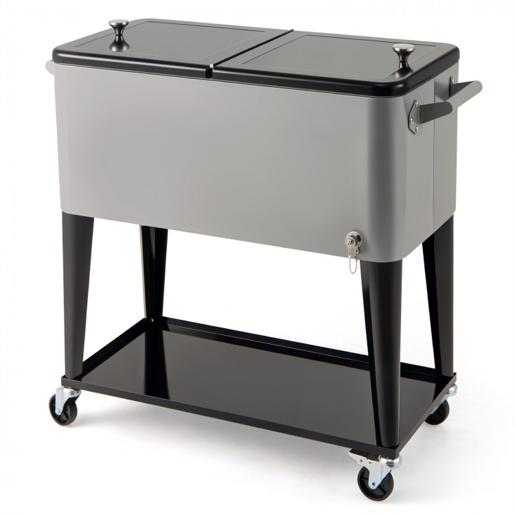 Portable gray patio cooler with bottom storage shelf, bottle opener, and wheels for easy mobility and access to.