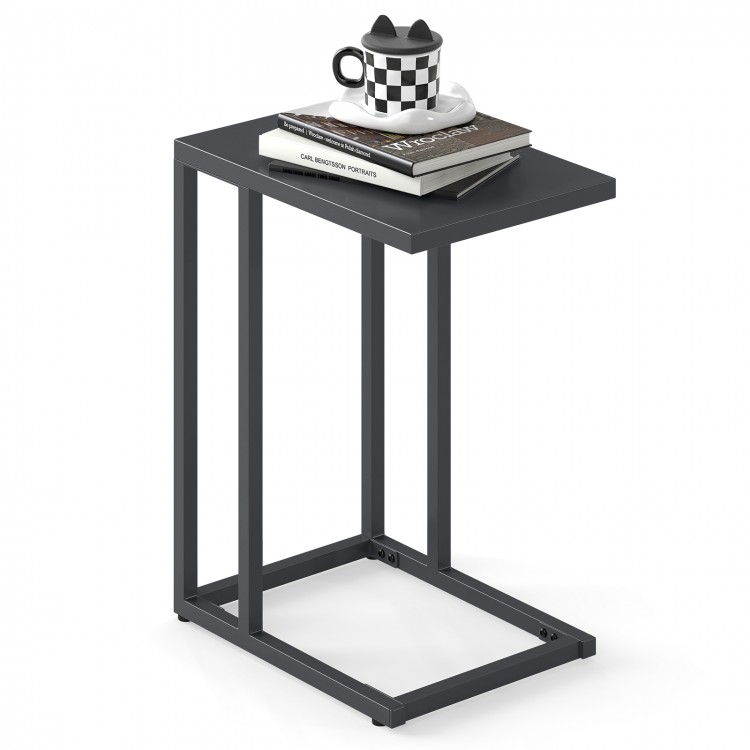 C-shaped side table in dark gray with spacious top, sturdy metal frame, and adjustable foot pads for stability.
