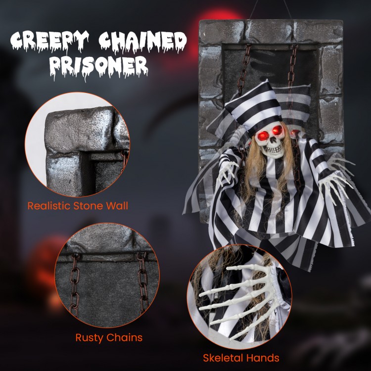Chained animated Halloween decoration featuring a skull prisoner with LED eyes and creepy sound effects for immersive.