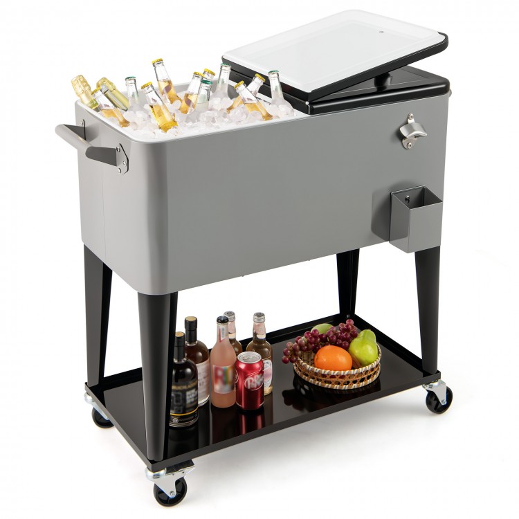 Portable gray patio cooler with 80-quart capacity, bottom storage shelf, and bottle opener for outdoor gatherings.