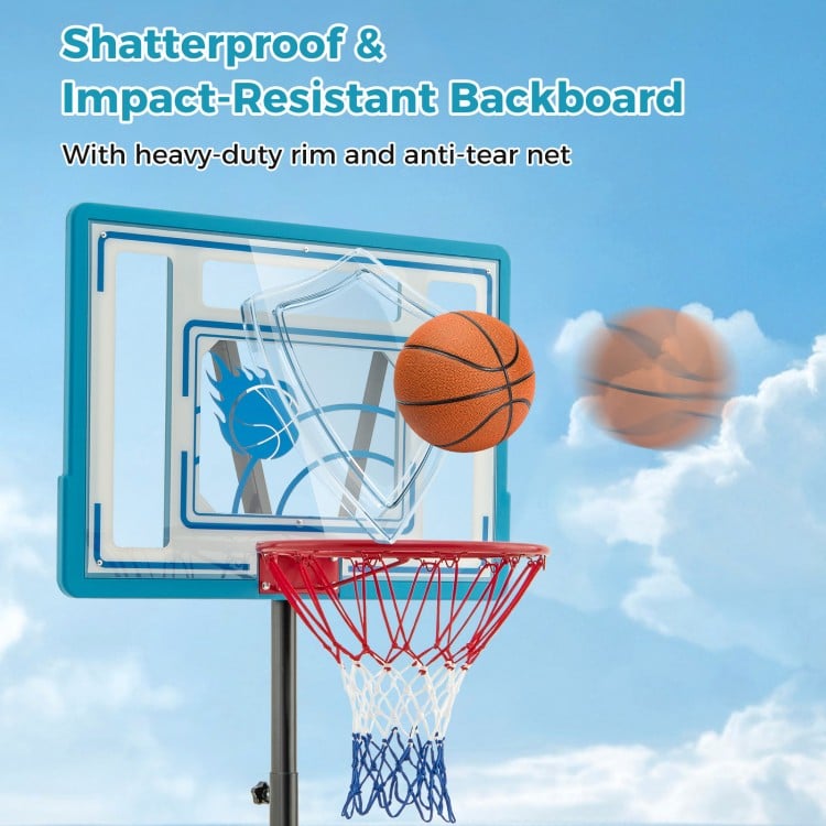 Kids basketball hoop with shatterproof backboard, sturdy rim, and anti-tear net, ideal for indoor or outdoor play.