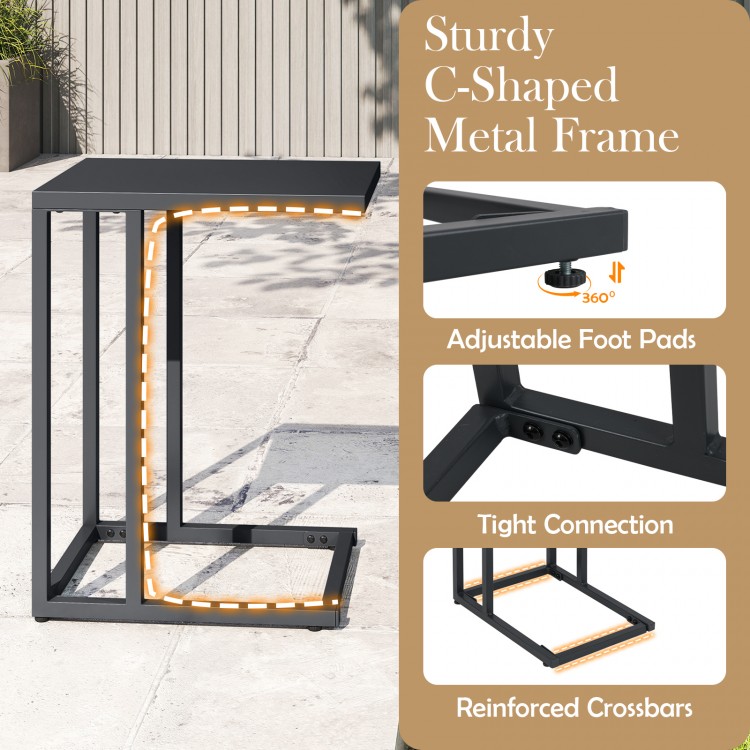 C-shaped side table in dark gray with adjustable foot pads, perfect for living room or bedroom use.