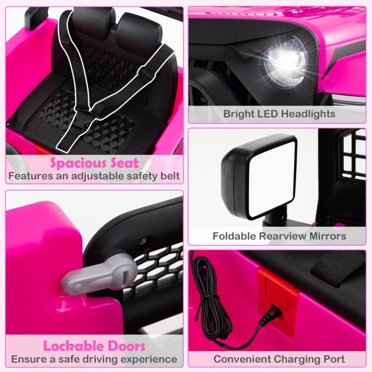 Spacious seat with adjustable safety belt in the pink 12V kids ride-on truck, featuring bright LED headlights and.