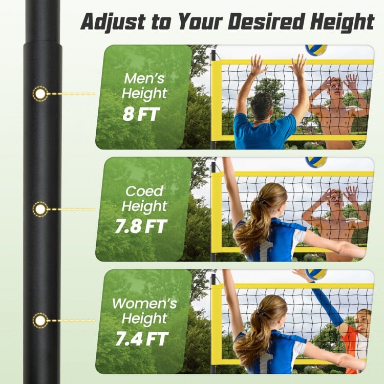 Adjustable volleyball net set showing height options for men's, coed, and women's play, perfect for outdoor games.