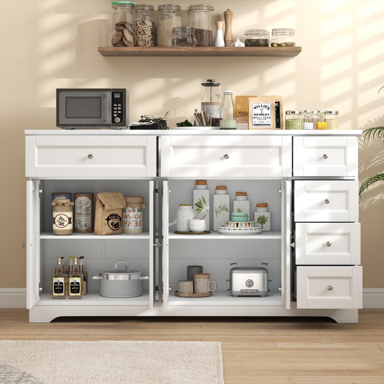 Buffet sideboard with spacious 59" countertop, white finish, and ample storage in drawers and cabinets for organized.