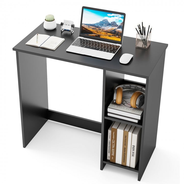 Modern black home office desk with 2 compartments, featuring a laptop, stationery, and organized books for efficient.