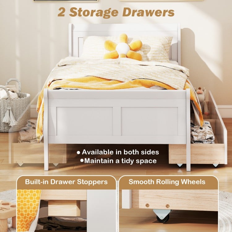 Twin size sleigh bed in white with 2 storage drawers, featuring smooth rolling wheels for easy access and organization.