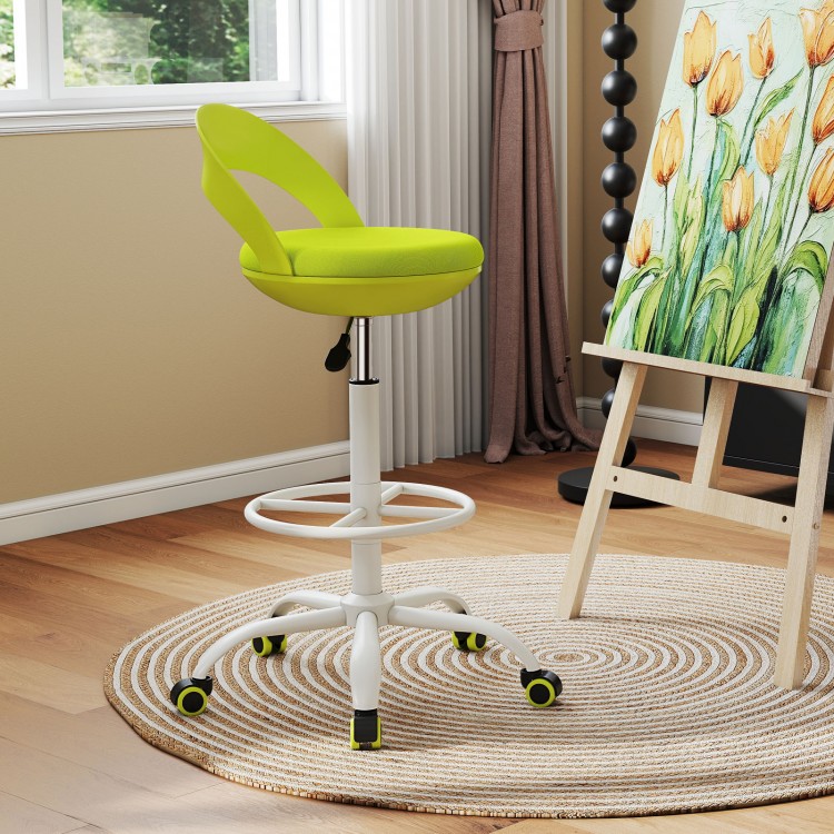 Drafting stool with green upholstery and white frame, featuring a low backrest and smooth-rolling wheels for creative.