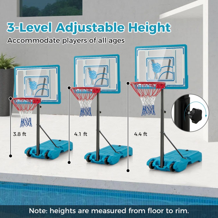 Adjustable pool basketball hoop shown at three heights: 3.8, 4.1, and 4.4 ft for versatile outdoor play.