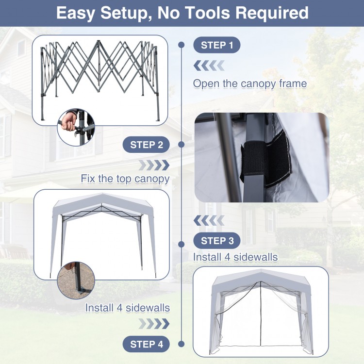 Pop up canopy tent with 4 sidewalls and mesh netting, featuring easy setup and portable wheeled bag for outdoor events.