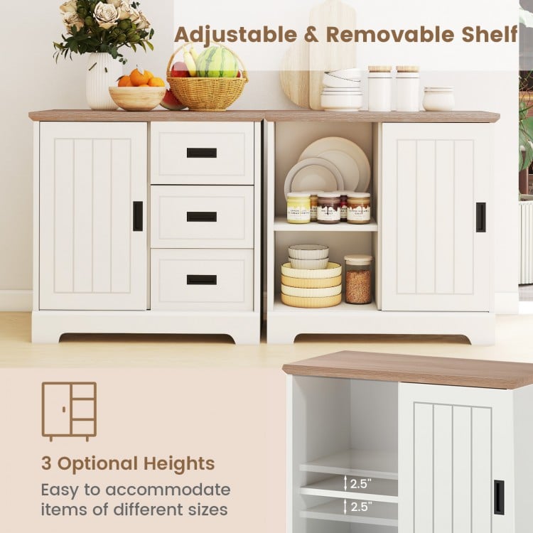 Farmhouse sideboard buffet cabinet in white with sliding doors, featuring 3 drawers and adjustable shelf for versatile.