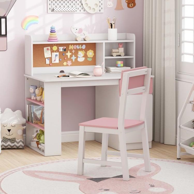 Kids desk and chair set in pink with hutch, cork board, and side shelf, perfect for study and play in children's rooms.
