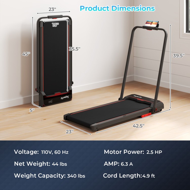 Dimensions of the 3 in 1 folding treadmill, featuring a 2.5HP motor and ultra-thin design for easy storage.