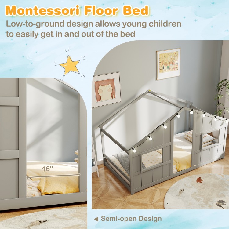 Twin size Montessori floor bed in grey with house shape and LED lights, designed for kids' safety and play.