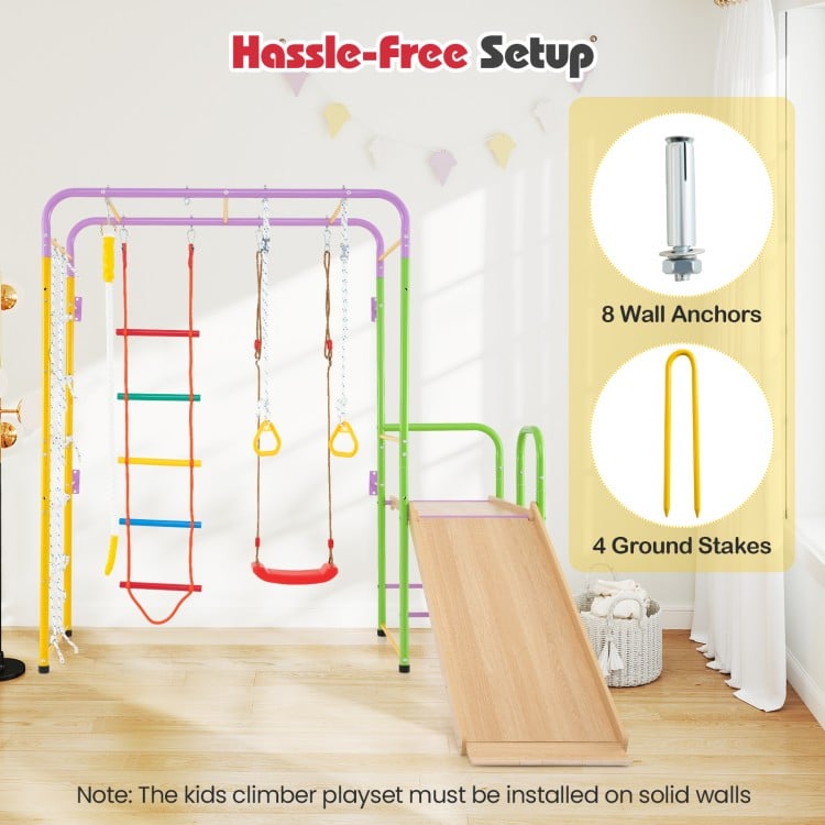 Metal indoor jungle gym 8-in-1 climbing playset with monkey bars, multicolor, designed for kids over 3 years old.