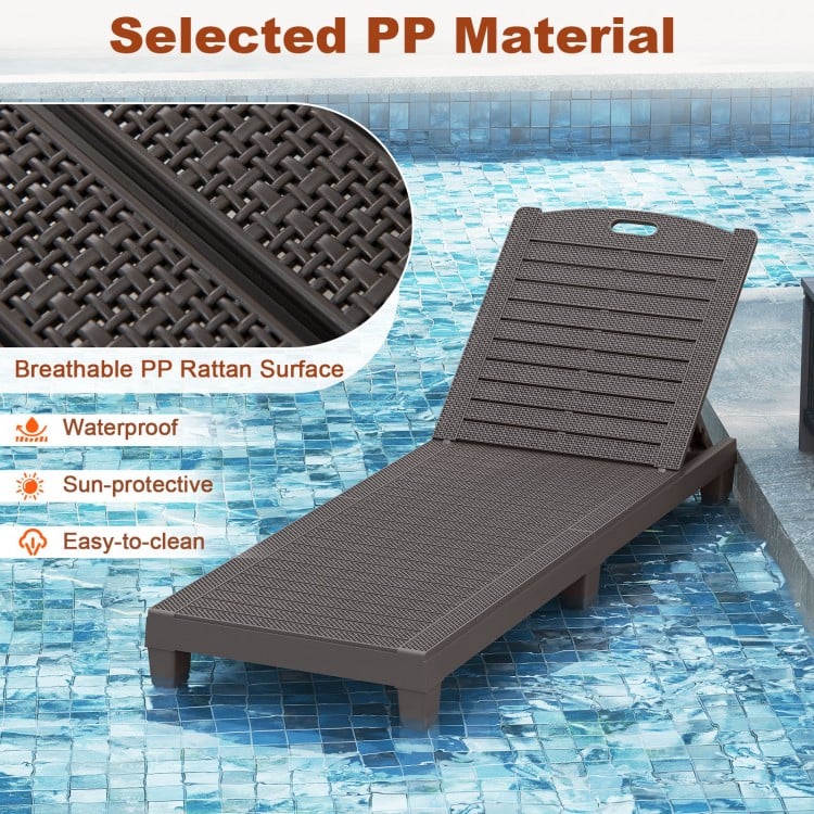 Adjustable outdoor PP chaise lounge chair with coffee finish, ideal for poolside relaxation and easy cleaning.