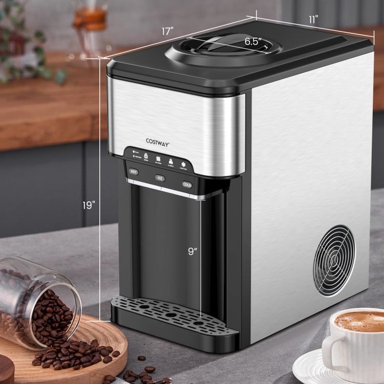 Compact ice maker with built-in water cooler, producing 12 bullet-style ice cubes in 6 minutes for instant cooling.