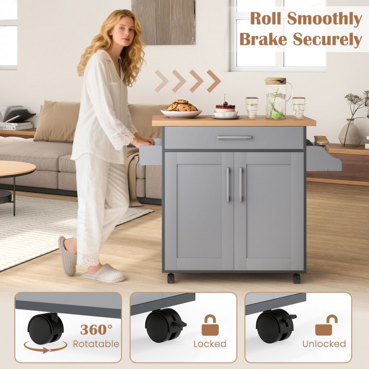 Rolling kitchen island cart in gray with spacious countertop, adjustable shelf, and 360° swivel wheels for easy.