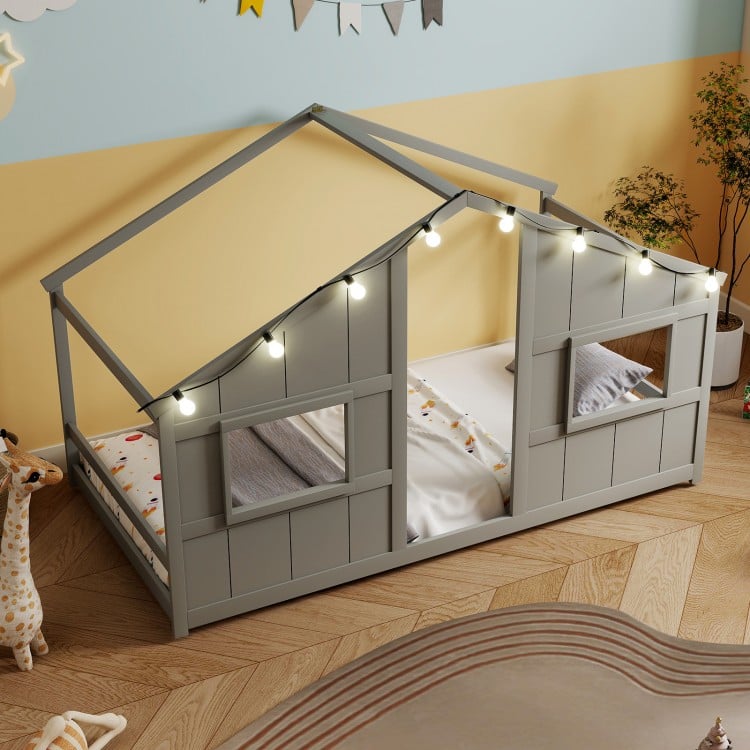 Twin size house bed in grey with LED lights, featuring open windows for play and a low-to-ground design for kids'.