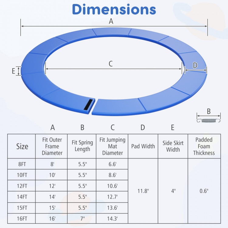 Blue 14ft trampoline pad replacement with anti-tear surface, thick EPE foam, and elastic straps for secure fit.