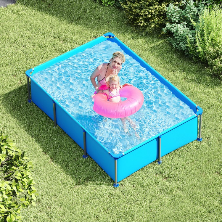 Top view of 6 ft outdoor family swimming pool with metal frame, showcasing water inlet and reinforced corner protectors.