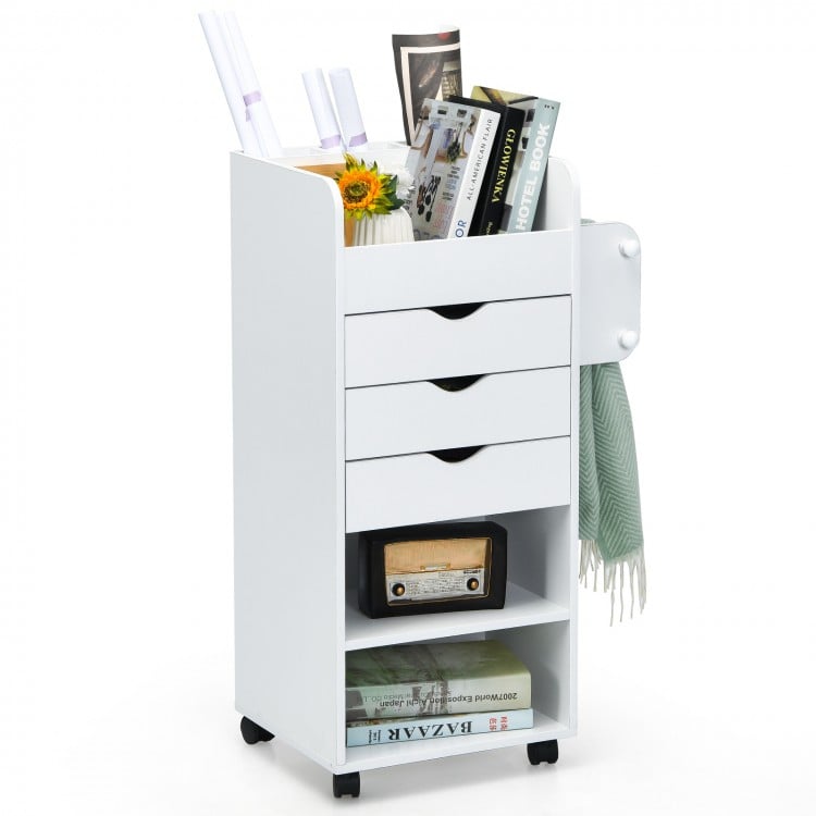 Wooden utility rolling craft storage cart in white with 3 drawers and 3 shelves, ideal for compact spaces and easy.