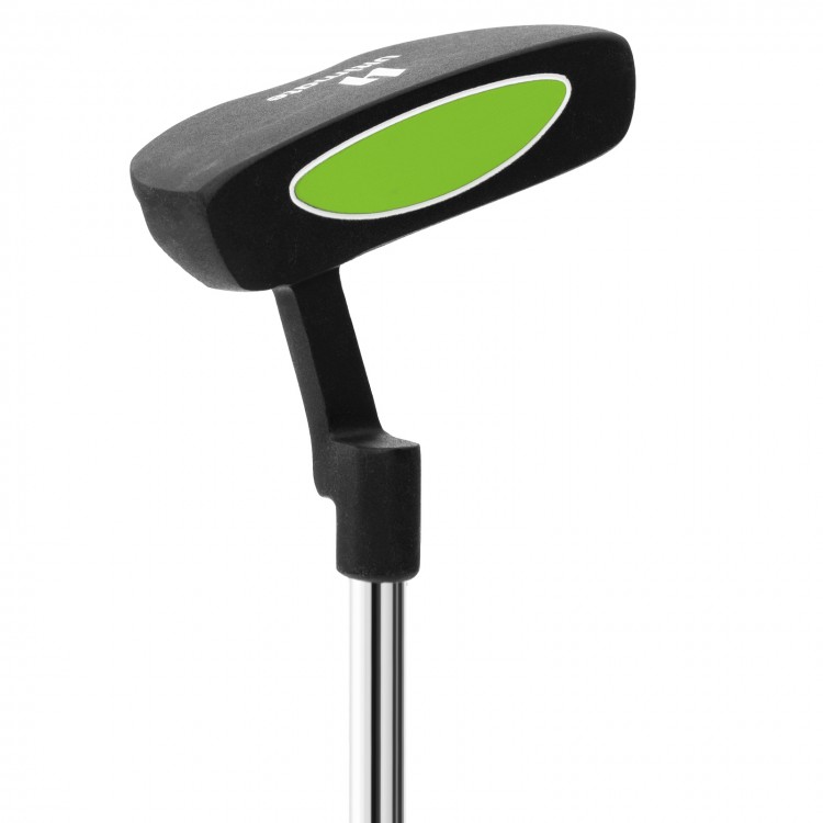 Junior golf putter with rubber grip and green face, designed for kids aged 5-7, ideal for beginner golfers.