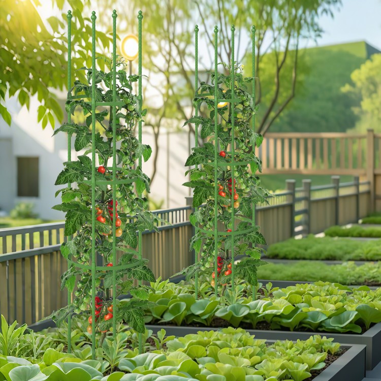 Garden trellis tomato cages in green, featuring adjustable height and sturdy support for climbing plants in a vibrant.