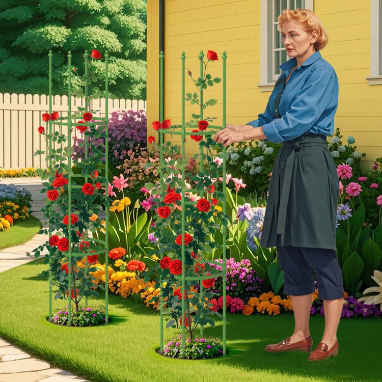 Garden trellis with adjustable height, made of durable PE-coated metal, supporting climbing plants for healthy growth.