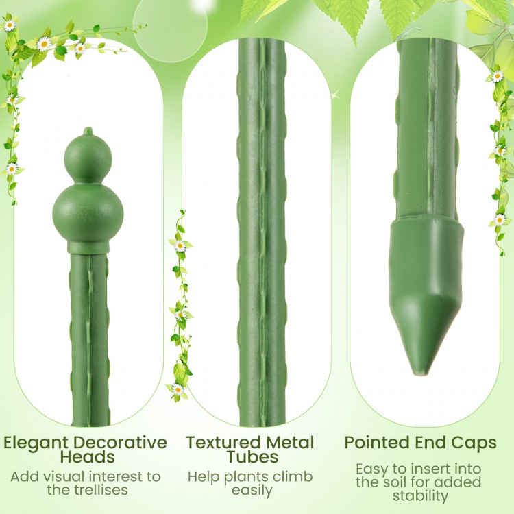 Garden trellis with decorative heads, textured metal tubes, and pointed end caps for stable plant support and growth.