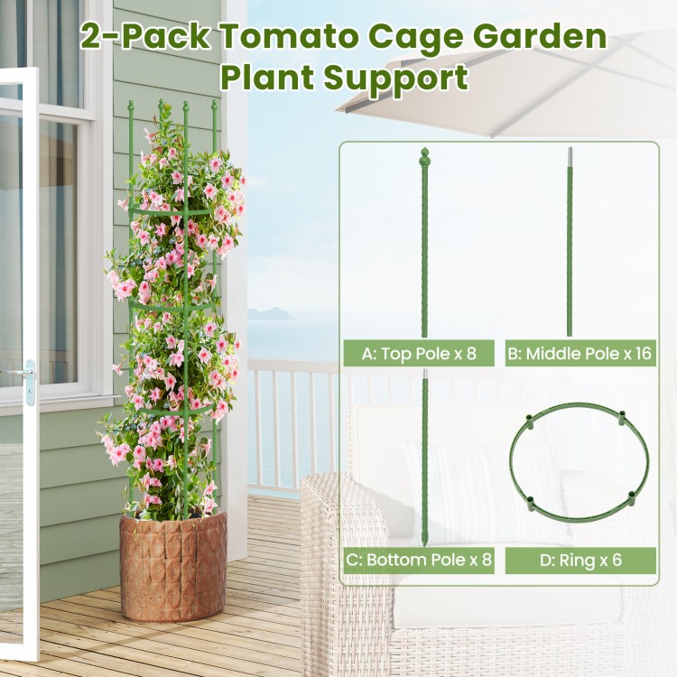 2-Pack green garden trellis tomato cage with adjustable height, sturdy PE-coated metal, ideal for climbing plants.