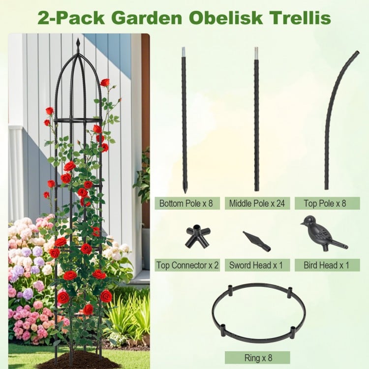 Garden obelisk trellis set for climbing plants, featuring durable black PE-coated metal tubes and 4 decorative heads.
