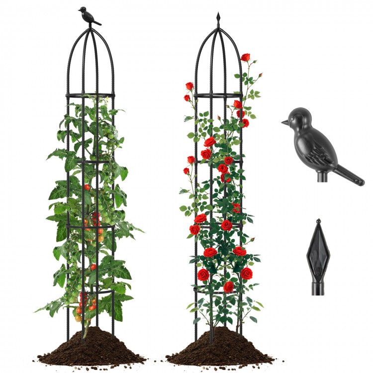 Two black garden obelisk trellises for climbing plants, featuring decorative bird heads and sturdy PE-coated metal.