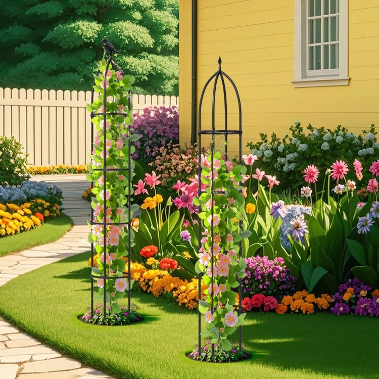 Two black garden obelisk trellises for climbing plants, featuring decorative heads and sturdy PE-coated metal.