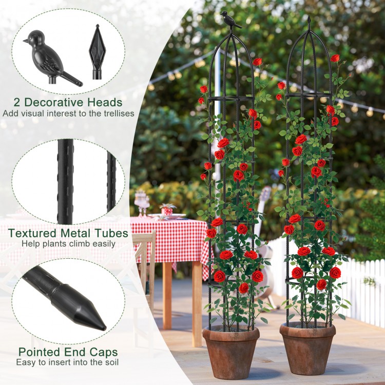 Garden obelisk trellis set in black, featuring decorative heads and textured metal tubes for climbing plants support.