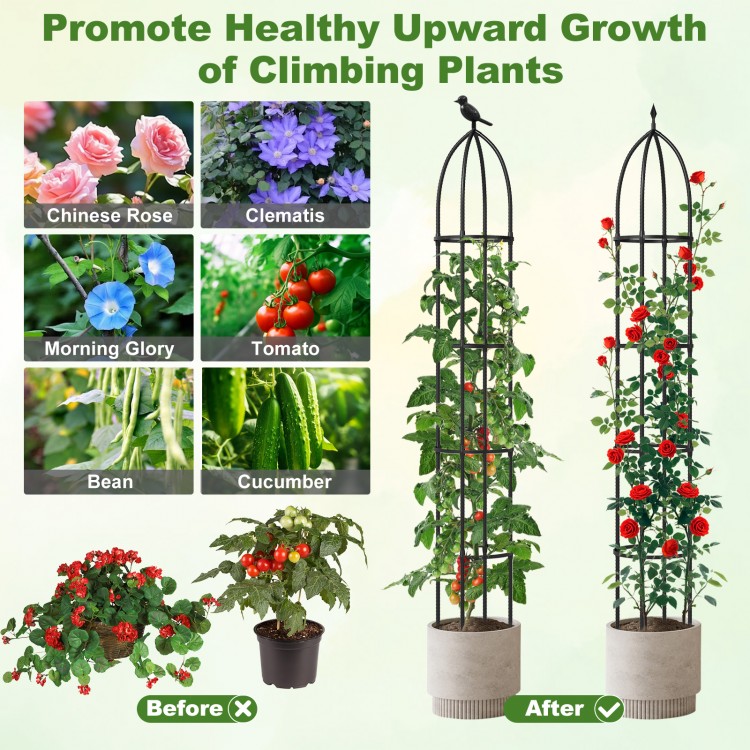 Garden obelisk trellis for climbing plants, 69" height, black PE-coated metal, supports flowers and vegetables.