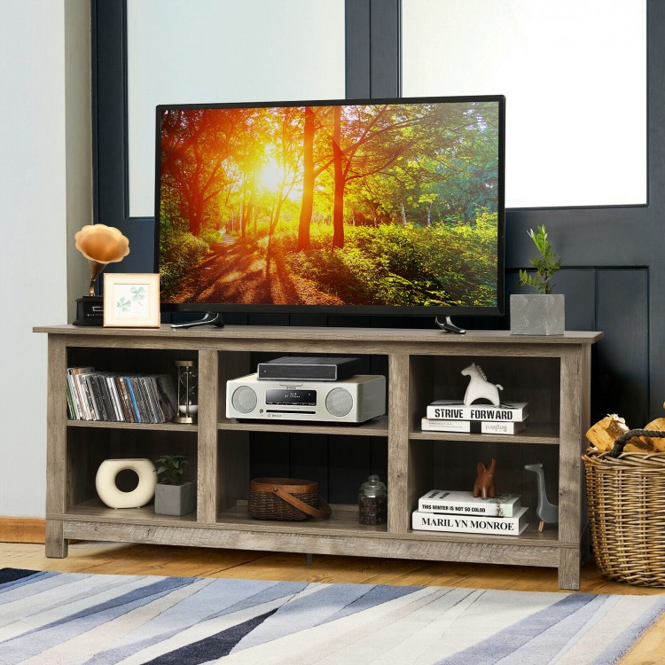 Gray 58-inch TV stand with 6 open shelves, designed for stability and storage in living rooms or bedrooms.