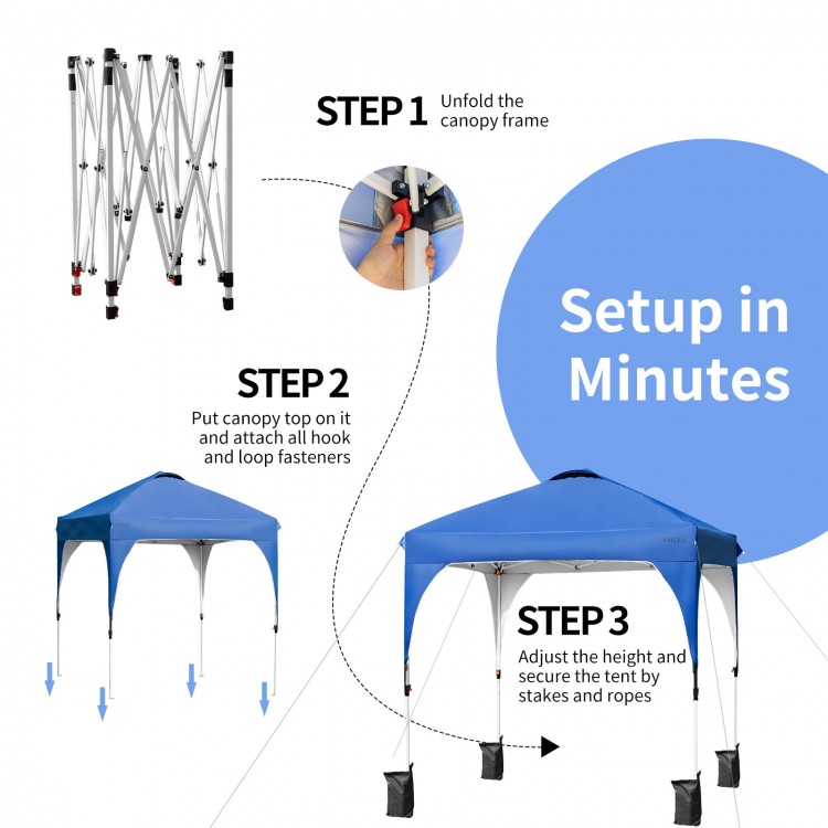 Pop-up height adjustable canopy tent in blue, 6.6'x6.6', with easy setup steps for outdoor shade and stability.