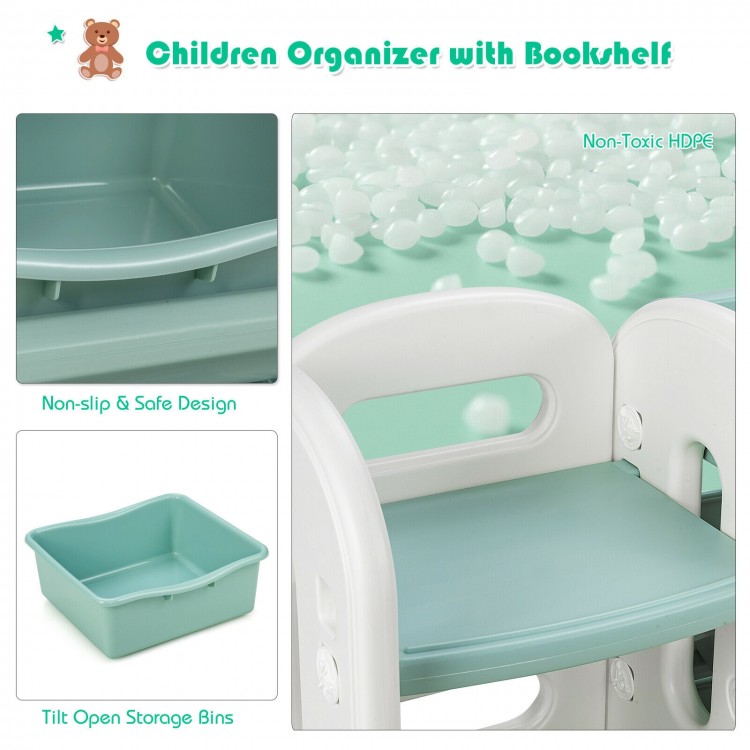 Kids toy storage organizer in green with 6 bins and bookshelf, designed for safe and easy access to toys.