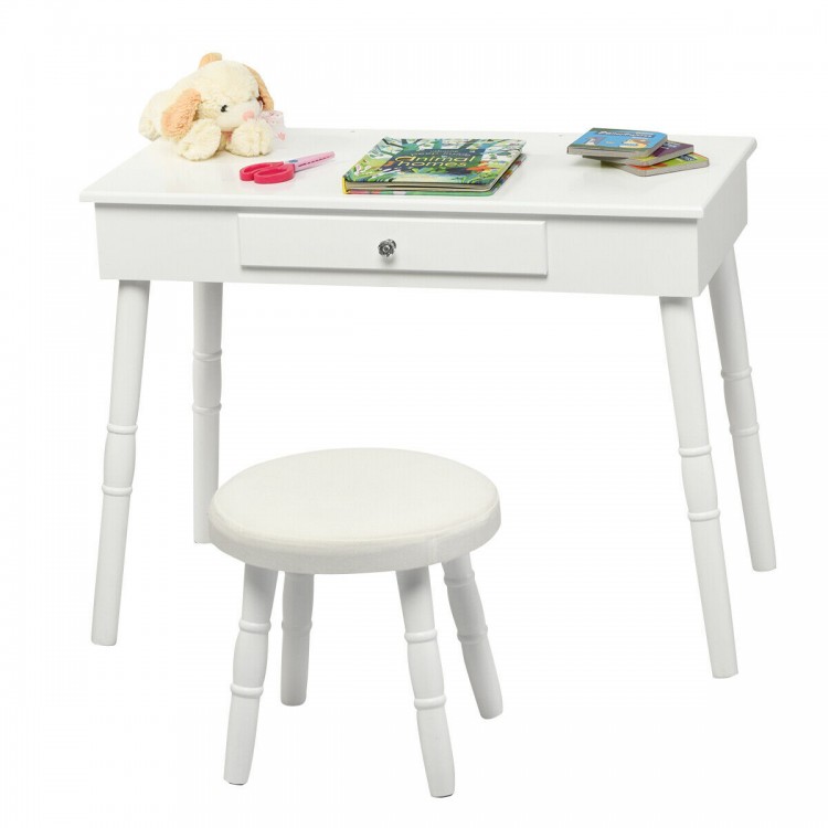 White vanity makeup table and stool set with drawer, perfect for kids' bedrooms and playrooms, featuring a soft cushion.
